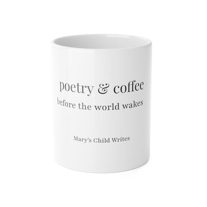 White Poetry & Coffee mug with Before the World Wakes lettering, front view